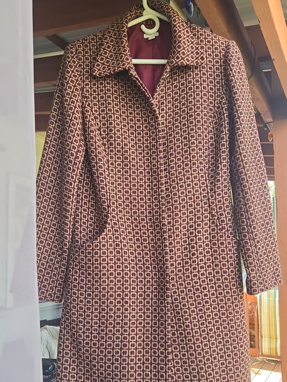 Classic Women's Patterned Coat in Burgundy and Cream